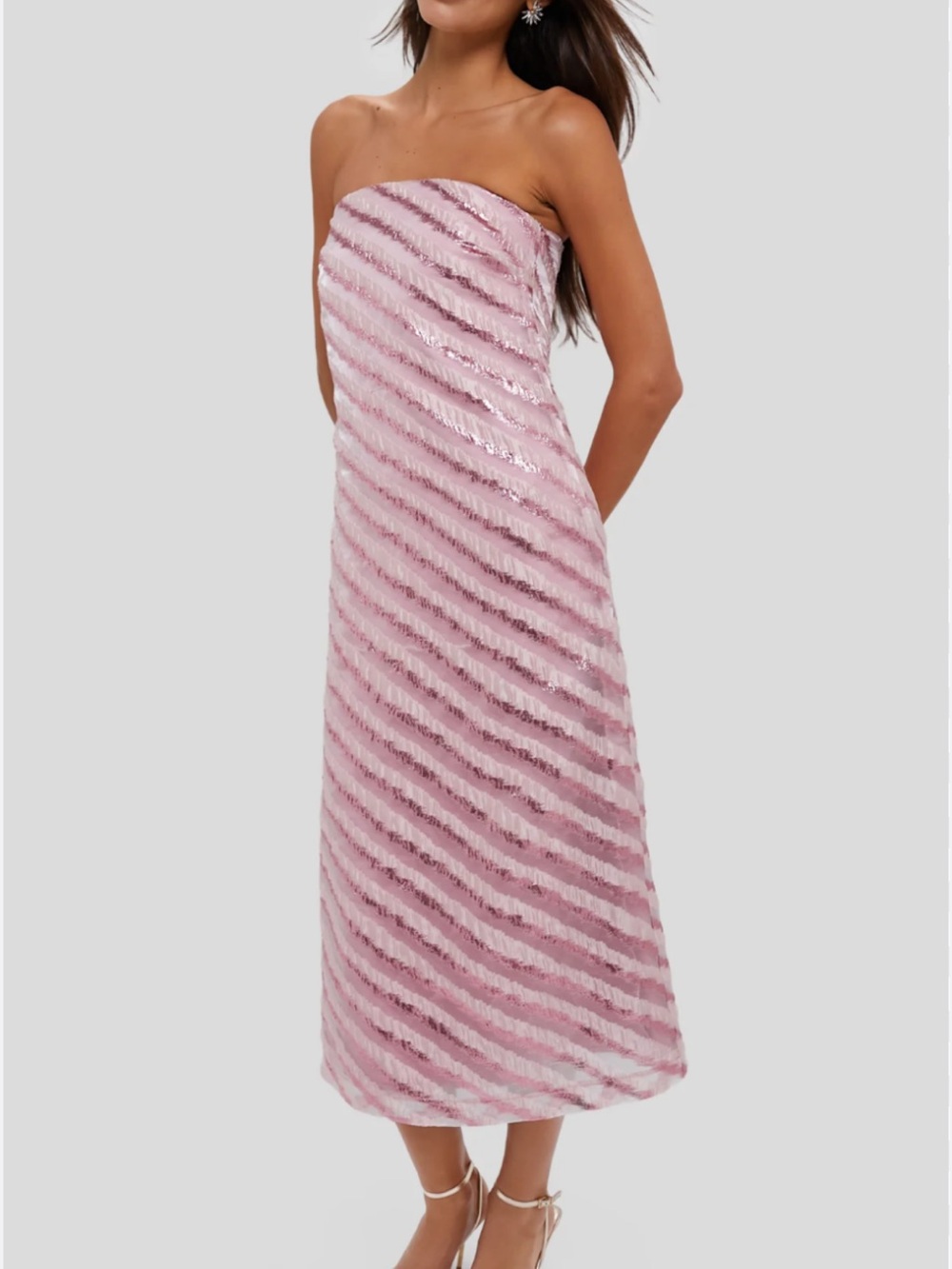 Hyacinth House Pink Lurex Sequin Diagonal Stripe Strapless Midi Dress Medium